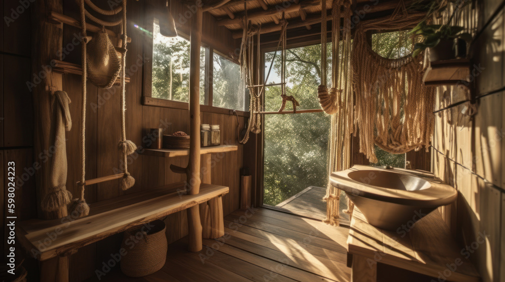 Cozy and natural scene inside an open wooden house in a sunny forest, generative ai Cozy and natural scene inside an open wooden house in a sunny forest, generative ai