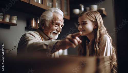 Grandpa spending time with his granddaughter. Family concept. Generative AI illustrations