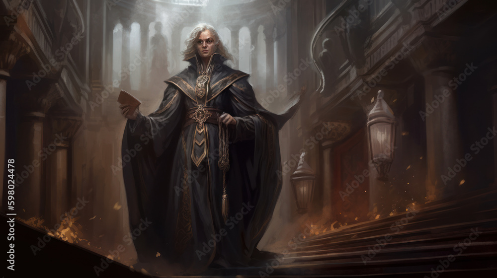 Naklejka premium Old priest in long coat with cape in church, fantasy visualisation of priest, generative ai