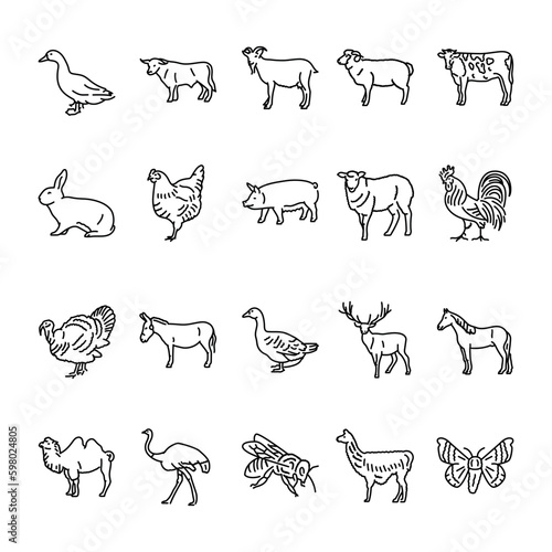 Farm animals black line icons set.