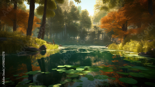 Beautiful forest with sun and lake with crystal clean water, generative ai
