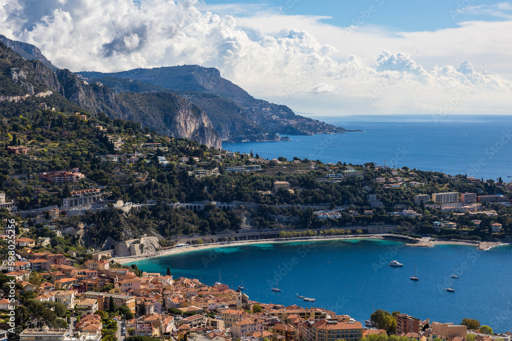Naklejka premium Panorama sur la Rade de Villefranche-sur-Mer depuis le Fort du Mont Alban à Nice