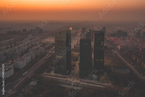 Beijing skyscrapers on sunset. Chinas Beijing City, aerial view. Central Business District of Beijing. Modern financial district skyline on sunset. Skyscrapers in dusk. Ai generative illustration. © MaxSafaniuk