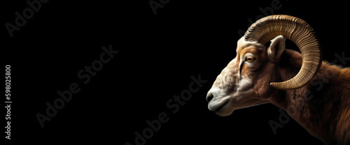 Mountain sheep head, a herbivore animal close-up. The image on the right, the mountain sheep head on the black isolated panoramic background of the banner. Generative AI.