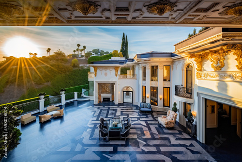 Villa in Beverly Hills, California. Holiday in Los Angeles. Luxyry villa room interior house in Beverly Hills. Modern interior apartment buildings, Facade exterior design. Ai generative illustration.