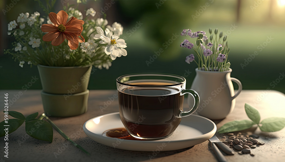Coffee in cup on wooden table with flowers in spring season, calm and relax coffee, hot beverage, Morning drinks with Generative AI. Coffee in cup on wooden table with flowers in spring season, calm and relax coffee, hot beverage, Morning drinks with Generative AI.