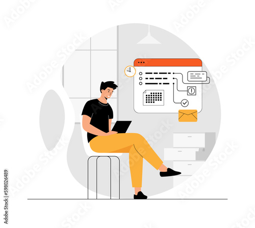 Self management and scheduling concept. Planning tasks, appointment or assignment in a planner. Corporate agenda, time table organization. Illustration with people scene in flat design for website 