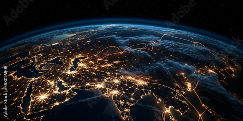 Erde vom All aus bei Nacht mit vielen Lichtern, ai generativ
