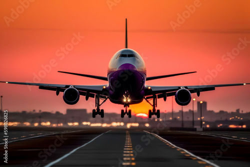 airplane landing at sunset. Generative AI