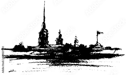 Vector black on white sketch of Peter and Paul fortress in russian city Saint Petersburg. Element for design card, poster, invitation, print about tourism or travel.