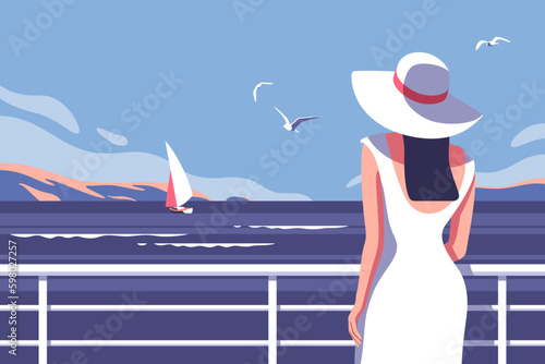 Young woman with dress and hat on wharf near sea, sailboat. Perfect background on the theme of summer travel, vacation or weekend.  Vector illustration.
