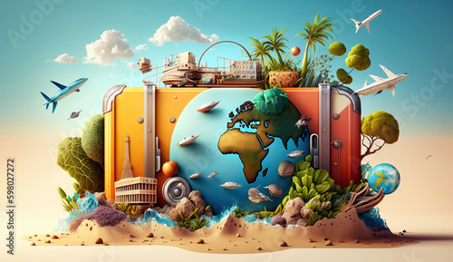 Summer vacation travel trip planned concepts background, Holiday event for traveling around the world, beautiful nature sand, sunlight, ocean water with Generative AI.
