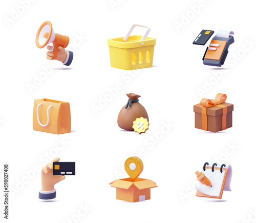 Online shopping icon set. 3d icons. Shopping basket, gift box, bag, shipping or delivery, payment, shopping list, card, discount, promotion and advertising, bonus