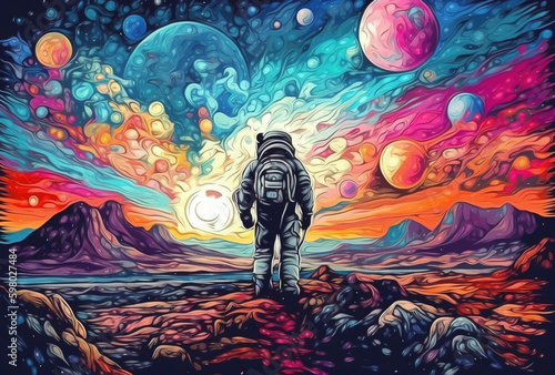 Astronaut on the space galaxy background, other worlds. Generative AI 