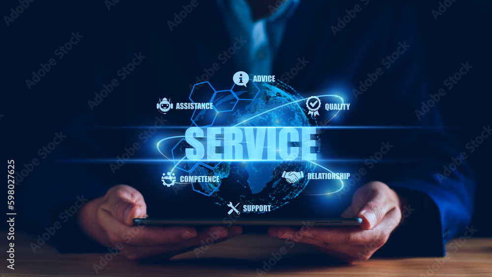 Business service online digital technology. Businessman touching digital globe hologram. Quality business relationship. customer service advice and support. Technology robot assistance online services - obrazy, fototapety, plakaty 
