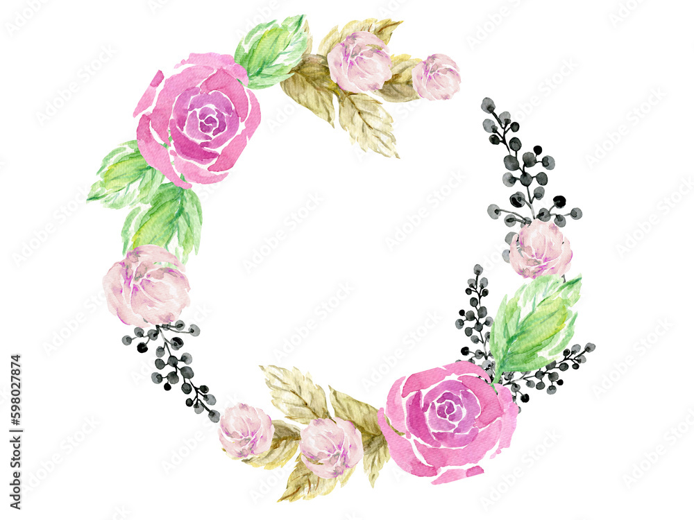 Wreath elements isolated rose plants watercolor illustration
