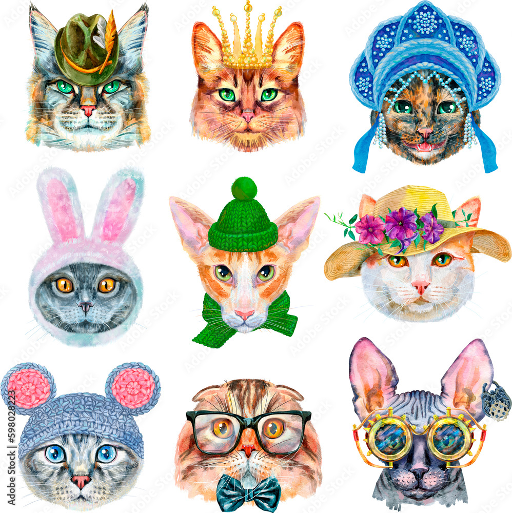 Fototapeta premium Set of portraits of cats of different breeds with accessories. Watercolor hand drawn illustration