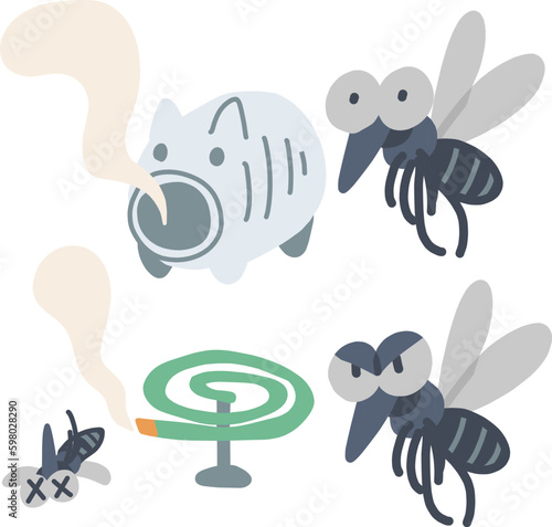 煙の出ている蚊取り線香と蚊のイラストセット