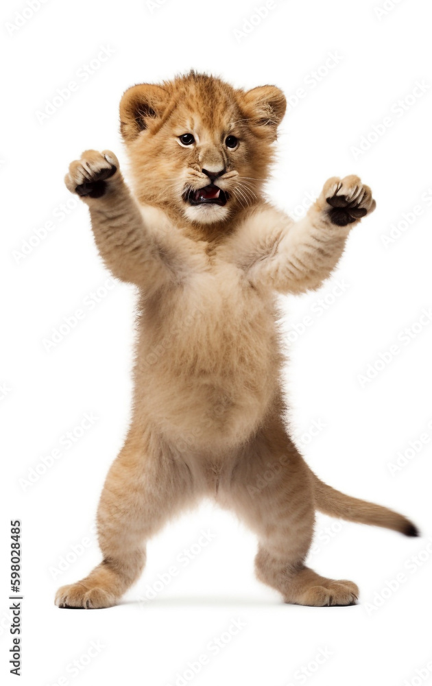 Cute funny lion cub playing isolated. Little lion playing with paws. Ai generative art.