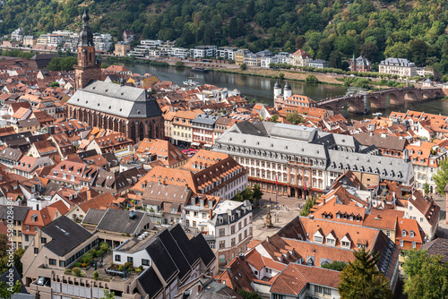 Aerial view of Heidelberg Old town seen from Heidelberg castle viewpoint, Baden-Württemberg, Germany