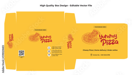 Pizza box design packaging design. Minimal vector packaging with die line. Modern typography, Pizza logo, sketch box design. Craft Paper box custom layout.
