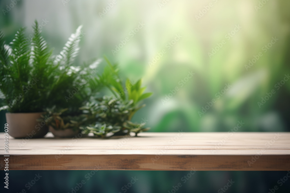Empty wooden table top and blurred plants on the background. Copy space for your object, product presentation. Display, promotion, advertising. Generative AI. Empty wooden table top and blurred plants on the background. Copy space for your object, product presentation. Display, promotion, advertising. Generative AI.