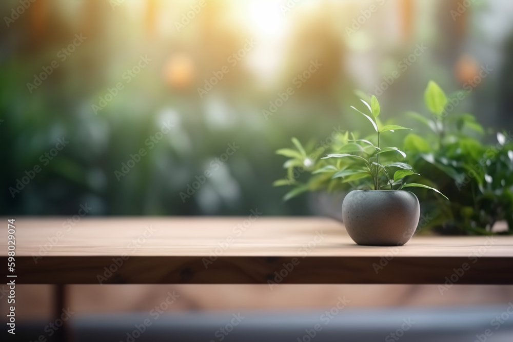 Empty wooden table top and blurred plants on the background. Copy space for your object, product presentation. Display, promotion, advertising. Generative AI. Empty wooden table top and blurred plants on the background. Copy space for your object, product presentation. Display, promotion, advertising. Generative AI.