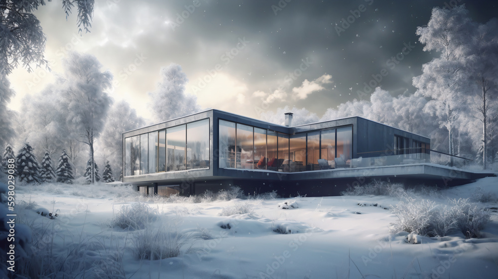 Modern house in winter forest. Generated by a neural network Modern house in winter forest. Generated by a neural network