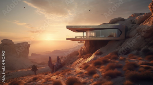 The concept of a modern house on a rock in the desert. Generated by a neural network