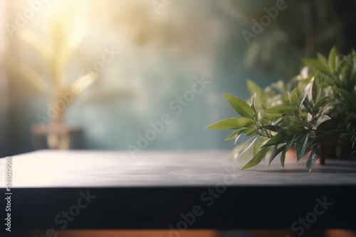 Empty dark table top and blurred plants on the background. Copy space for your object, product presentation. Display, promotion, advertising. Generative AI. photo