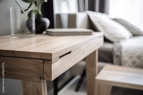 Empty wooden table top and blurred bedroom interior on the background. Copy space for your object, product, cosmetic presentation. Display, promotion, advertising. Generative AI. © Kassiopeia 