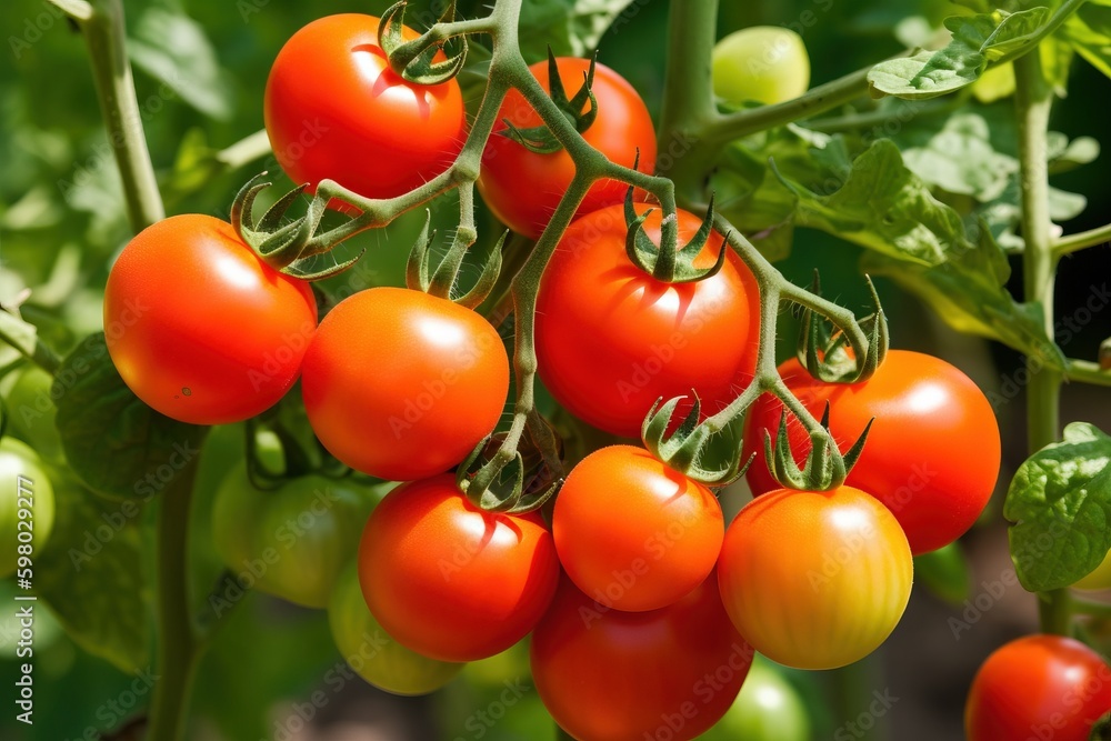A bunch of ripe tomatoes on a vine