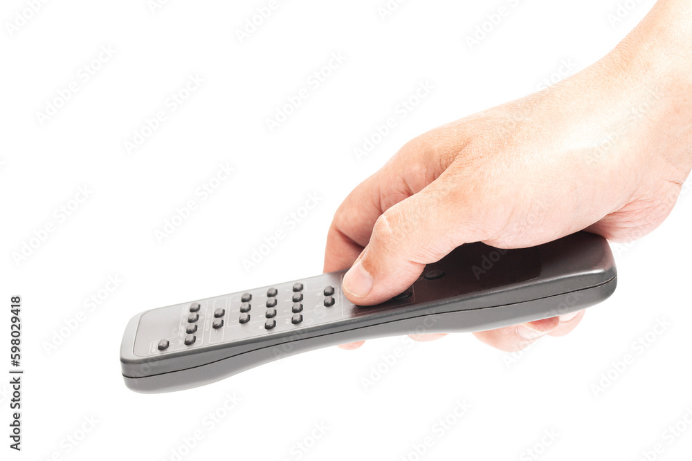 Hand holding remote control isolated on white background Hand holding remote control isolated on white background