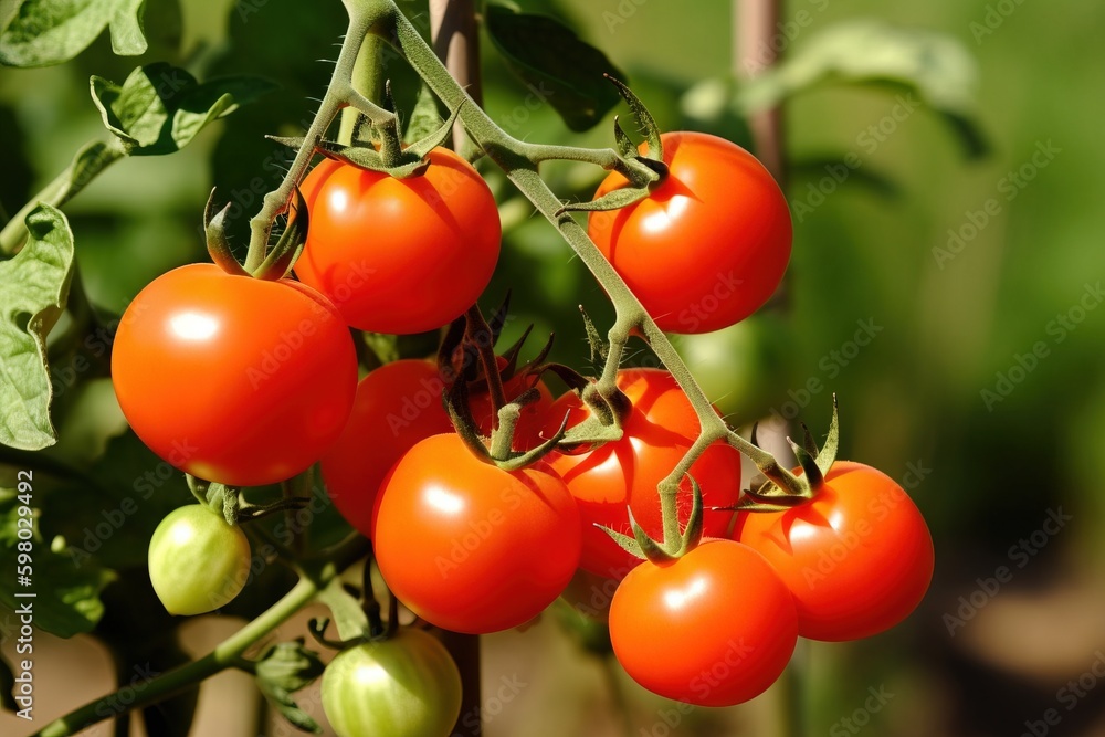 A bunch of ripe tomatoes on a vine