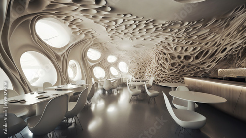Concept of biomorphic restaurant interior design. Biomorphic design. Futuristic restaurant interior. Generated by a neural network photo
