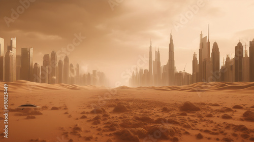 Desert in the background of the city. Generated by a neural network
