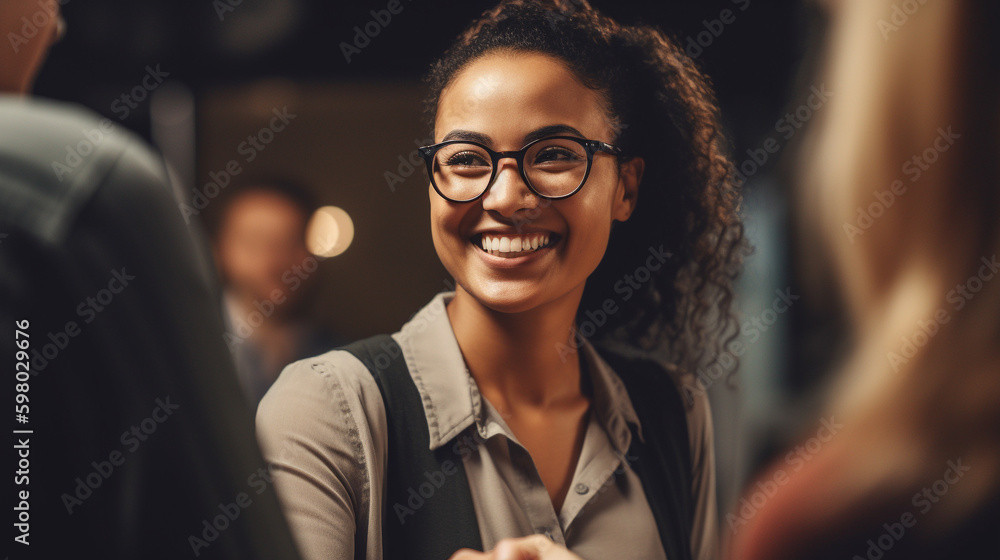 Obraz premium Businesswoman at a networking event conference. Smiling and shaking hands. Generative AI image