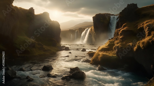 Mountain landscape with waterfalls at sunset. Generated by a neural network