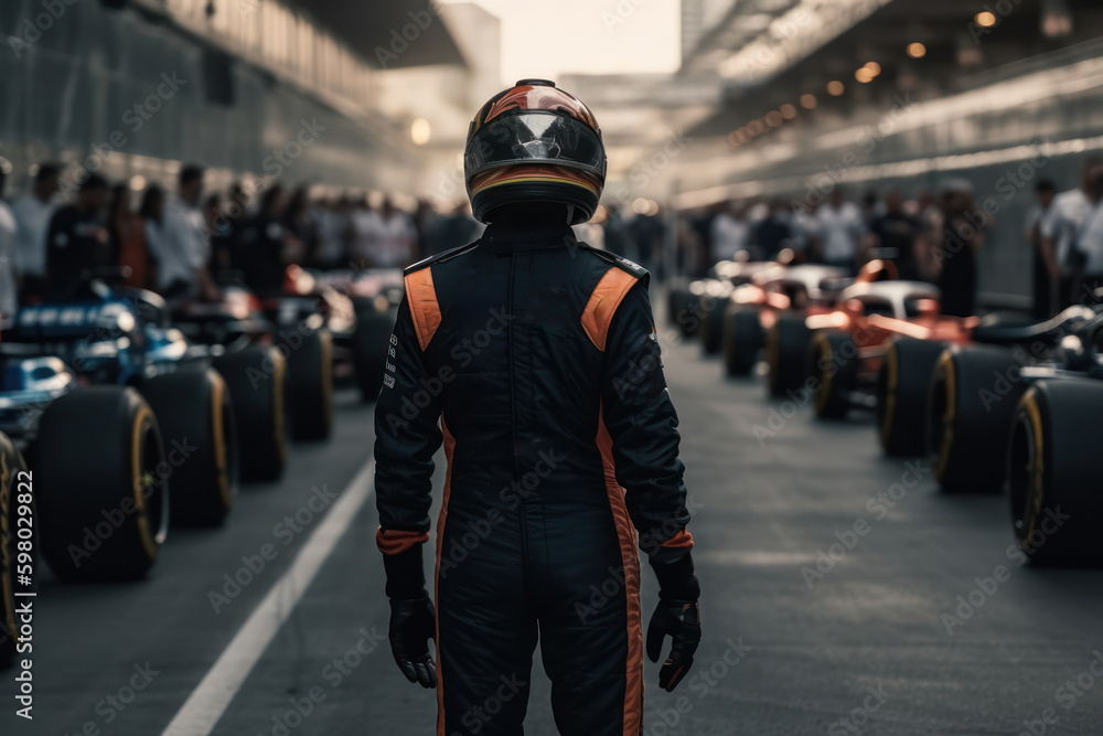 F1 driver standing up at starting line, generative AI