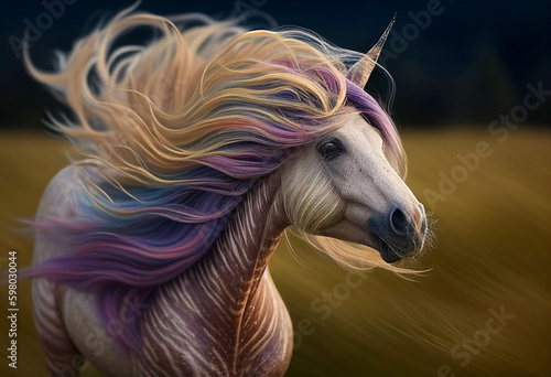 A fabulous unicorn with a huge developing mane walks across the field. AI Generated ©  iiulia