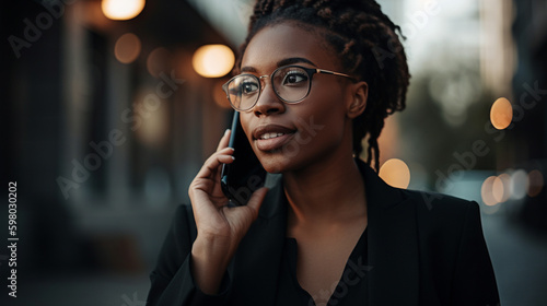 A businesswoman on the phone, speaking with a client or colleague. Generative AI image