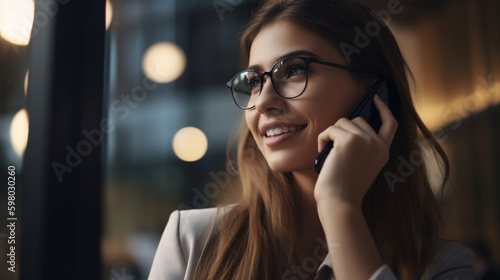 A businesswoman on the phone  speaking with a client or colleague. Generative AI image
