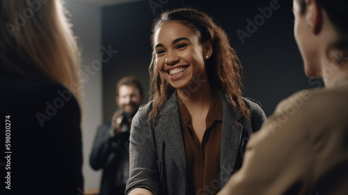 Businesswoman at a networking event conference. Smiling and shaking hands. Generative AI image © Анастасия Каргаполов