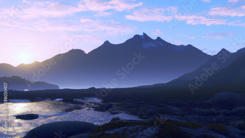 "Frosty Sunrise at Mountain's Foot: 8K Misty Rays of Beauty"
