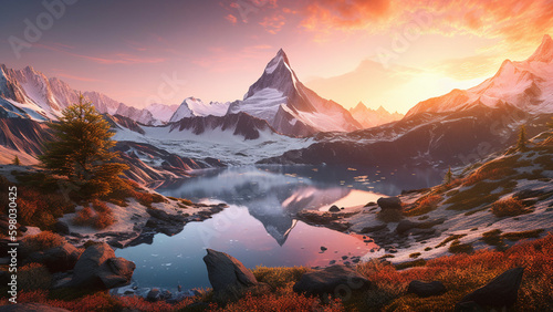 "Frozen Majesty 8K: Snow-Crowned Mountain's Mirror Lake Reflection"