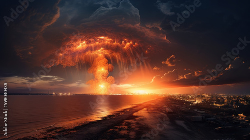 Landscape of a nuclear explosion on the horizon across the ocean, the world war of the superpowers. Generative AI