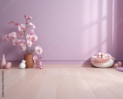 sfondo vuoto con muro marmoreo e delicate orchidee ai lati, ideale per inserimento prodotto o persone, luce finestra, creato con intelligenza artificiale