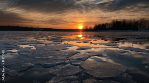 a frozen lake in the sunset. Generative AI