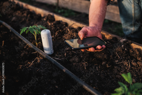 Gardener using mobile app checking monitoring soil moisture with smartphone