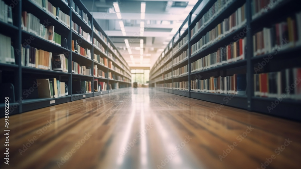 Abstract blurred empty college library interior space. Blurry classroom with bookshelves by defocused effect. Generative ai